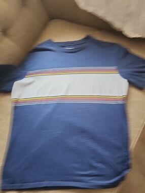 Y2k Urban Pipeline Blue Tee with White Chest Panel and Rainbow Stripes